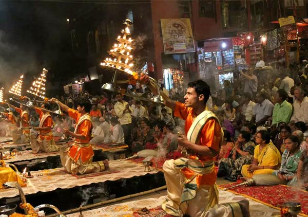 The evening Ganga Aarti performed by priests at Dashashwamedh Ghat.