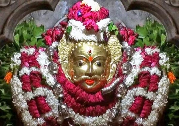 The garlanded shrine at Kaal Bhairav Temple.